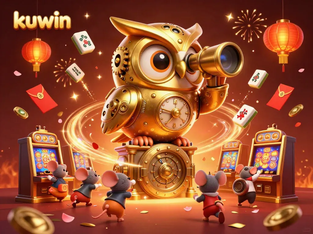 Kuwin's dynamic casino scene presents a clockwork owl amidst vibrant gaming symbols and festive energy.