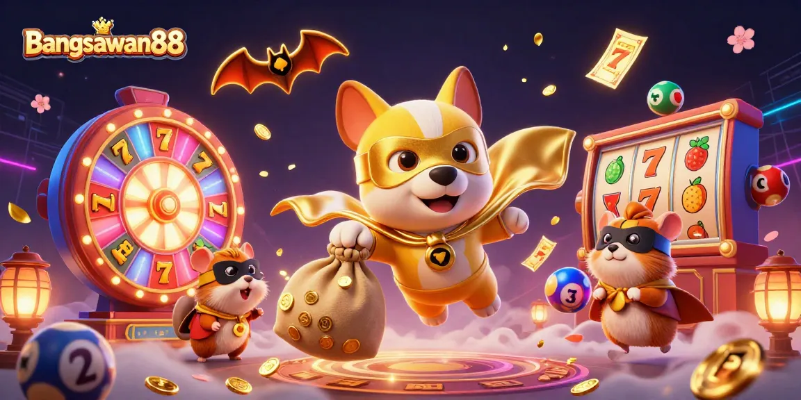 Bangsawan88 features a superhero dog and hamster in an exciting casino scene, emphasizing dynamic betting and gaming action.