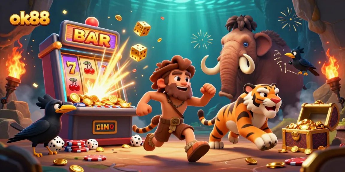 Experience exciting ok88 gameplay amid vibrant symbols and a dynamic prehistoric casino setting.