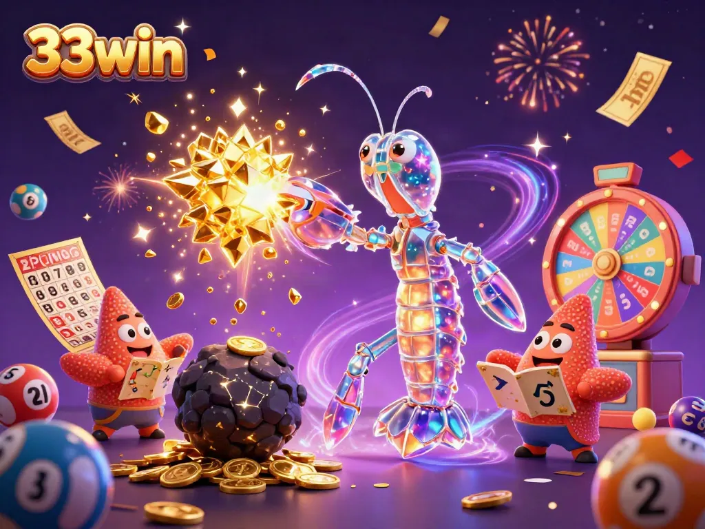 Experience the excitement of the 33win online casino with vibrant gaming elements in a dynamic 3D scene.