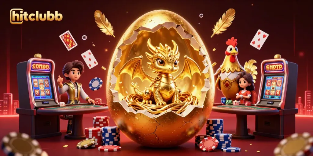 Experience thrilling casino action with hitclubb as a dragon reveals golden poker chips and games in a vibrant scene.