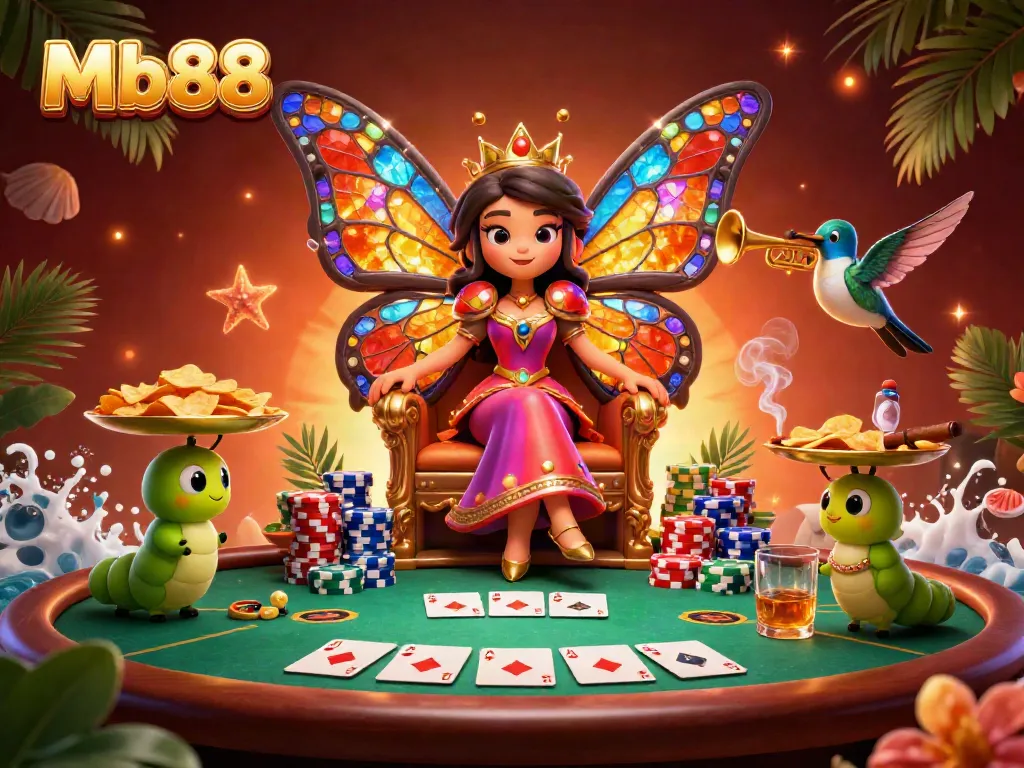 Experience the vibrant world of Mb88 with our enchanting butterfly queen and dynamic casino elements.