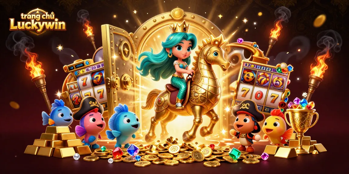 Engaging illustration featuring trang chủ Luckywin's mermaid princess celebrating jackpot wins on a seahorse amidst treasure.