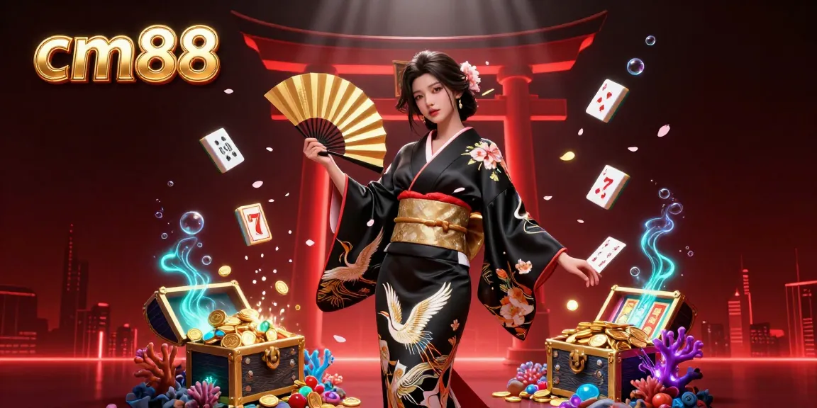 Engage with CM88's rich casino experience featuring golden fan, sakura, and animated slot reels.