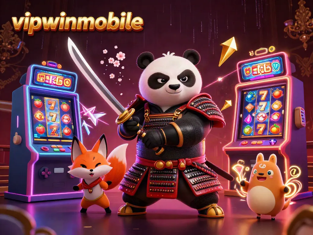 Experience the excitement of vipwinmobile with a dynamic scene of gaming characters and slot machines.