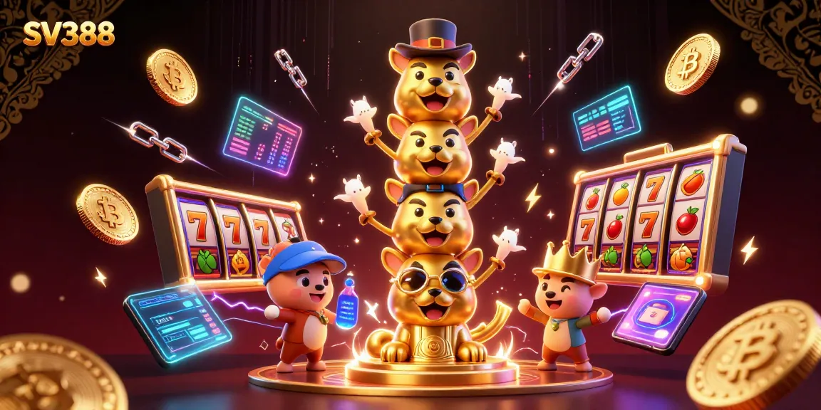 SV388 engages players with vibrant slot game elements and crypto icons in a dynamic illustration.