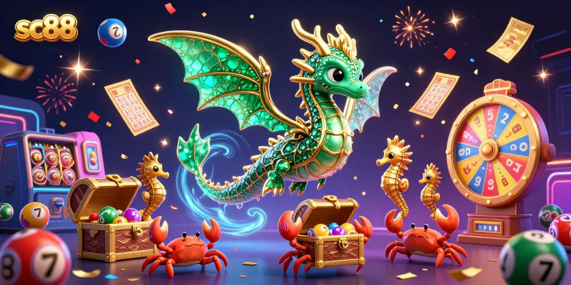 Engage with c88 in an immersive casino scene featuring a vibrant sea dragon, treasure chest, and lottery elements.