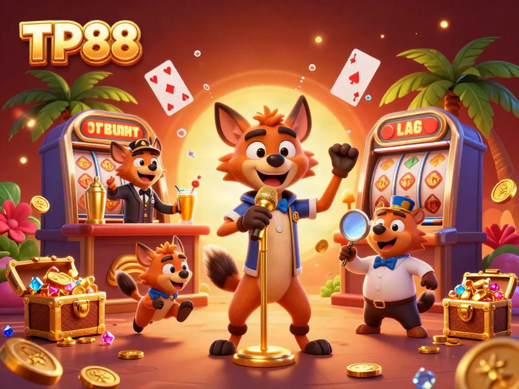 Hyenas at TP88 gamble and entertain in a comedic casino scene with rich colors and gaming elements.