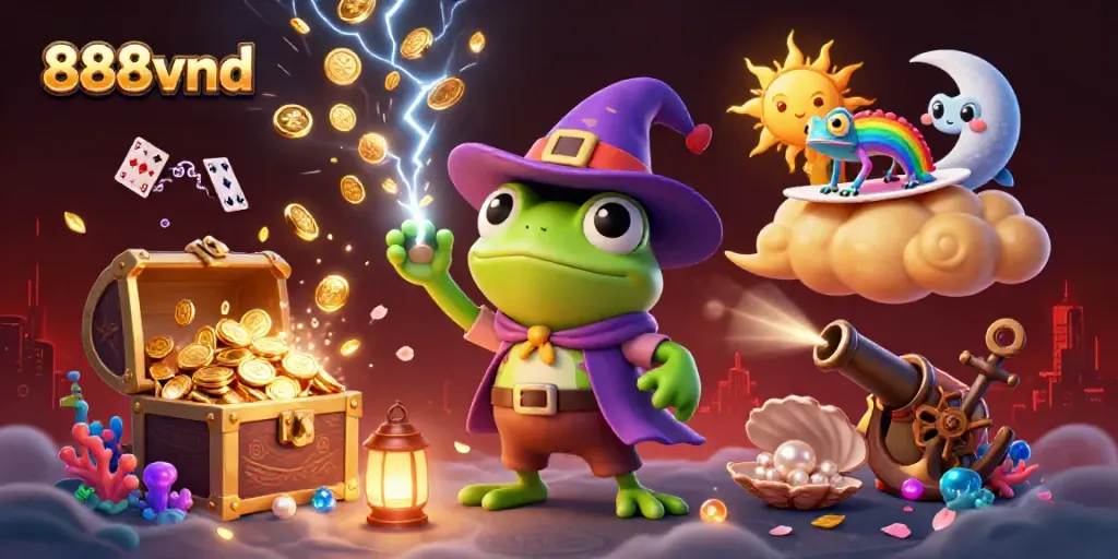 Engage with 888vnd's winning experience illustrated by a wizard frog and chameleon amidst a golden coin storm.