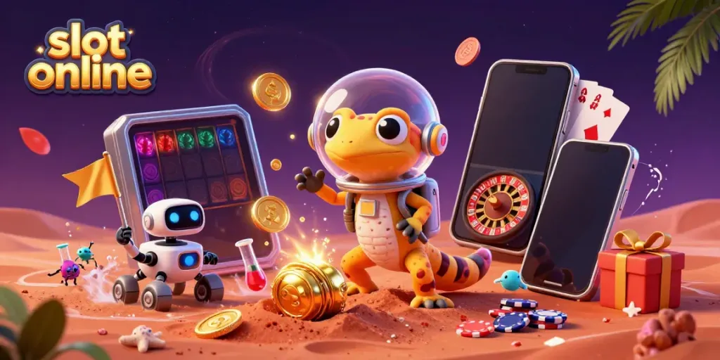 Spin colorful slot online reels with unique elements in a vibrant Martian casino scene.