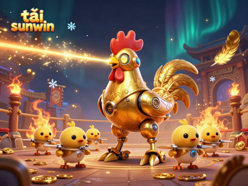 Tải sunwin gaming scene with golden rooster robot and baby chick drones in a dynamic casino arena.