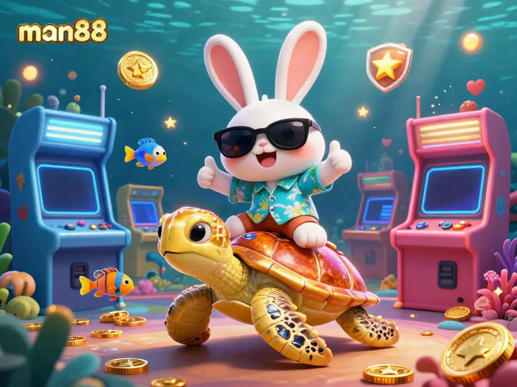 Engage with man88's vibrant casino world, featuring a lucky rabbit and golden sea turtle amidst arcade elements.