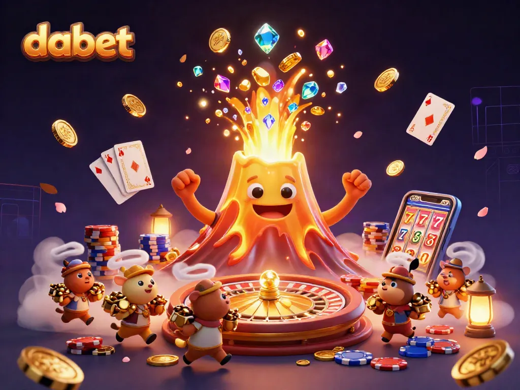 Win big at dabet with a cartoon volcano erupting coins and gems in a vibrant casino setting.