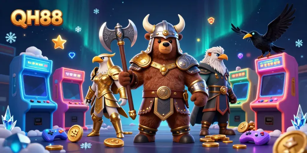 Experience the excitement of QH88 with a vibrant 3D casino-themed illustration featuring game characters and arcade elements.