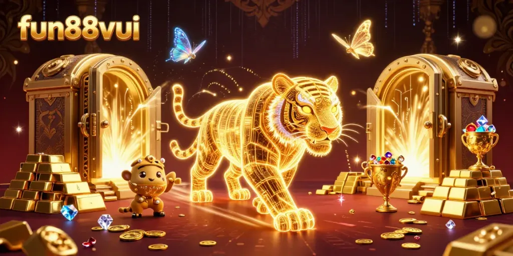 Experience fun88vui with a dynamic digital casino scene filled with gold and exciting characters.