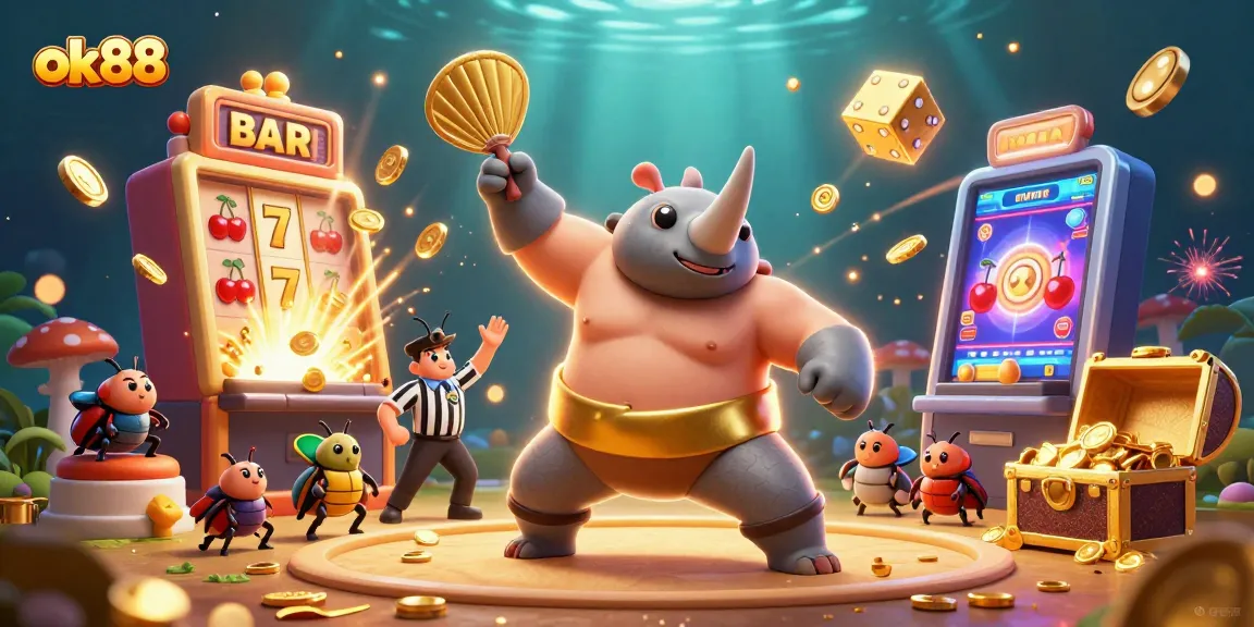 Bet on exciting games like ok88 featuring a vibrant 3D beetle sumo champion amidst flying coins and a jackpot.