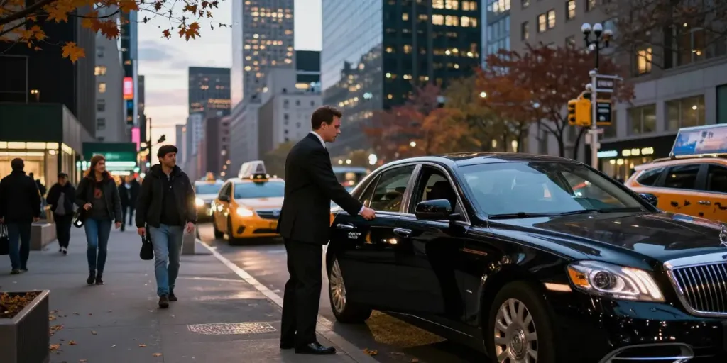 Luxury black car service in NYC with chauffeur opening car door.
