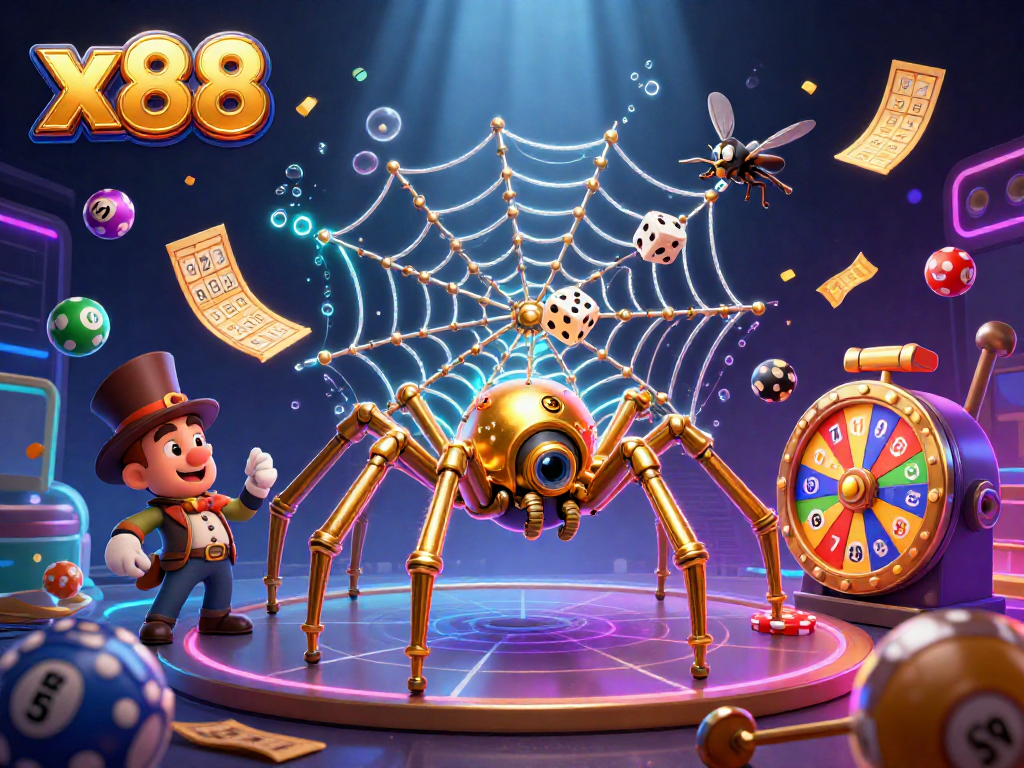 Engage with casino excitement at x88, featuring a vibrant 3D illustration of a steampunk spider and lucky symbols.