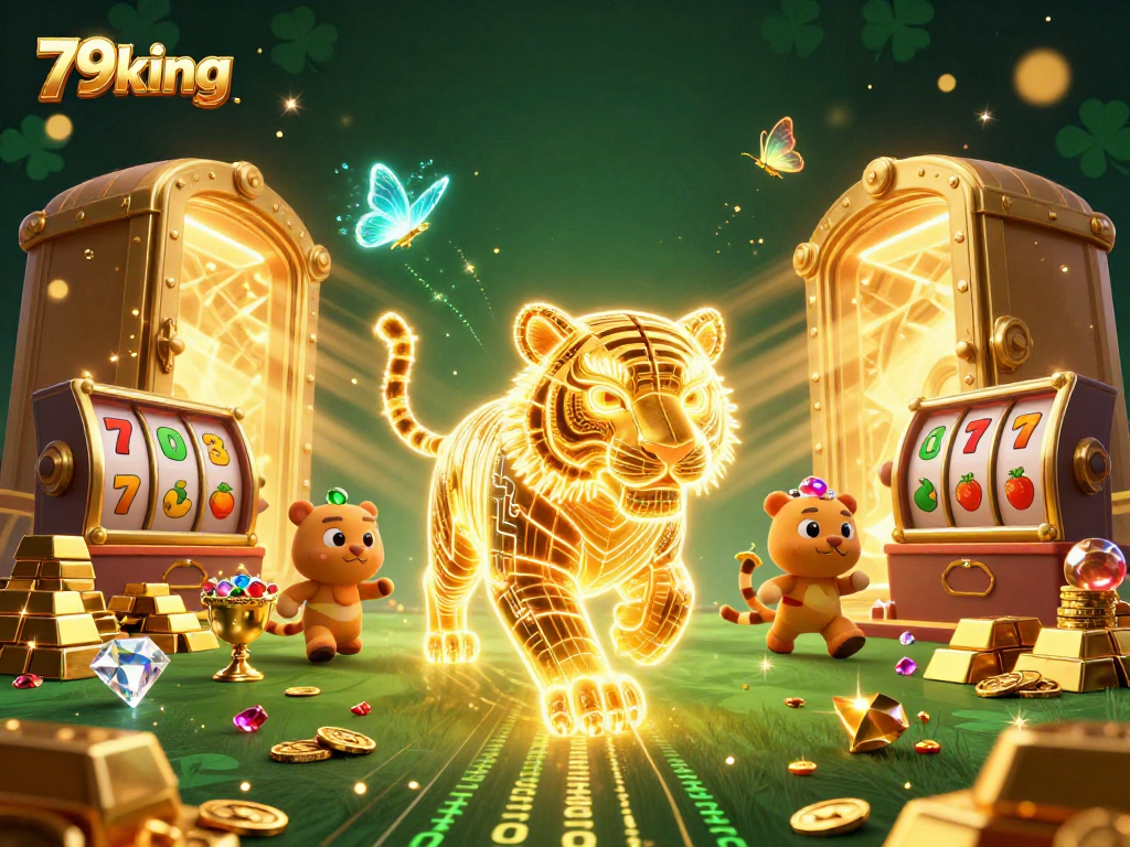 Engage with 79king, featuring a vibrant digital casino scene with a neon tiger and iconic slots.