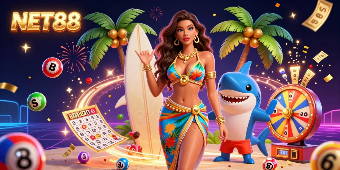 Experience thrilling wins with NET88, featuring dynamic gambling elements in a vibrant 3D scene.