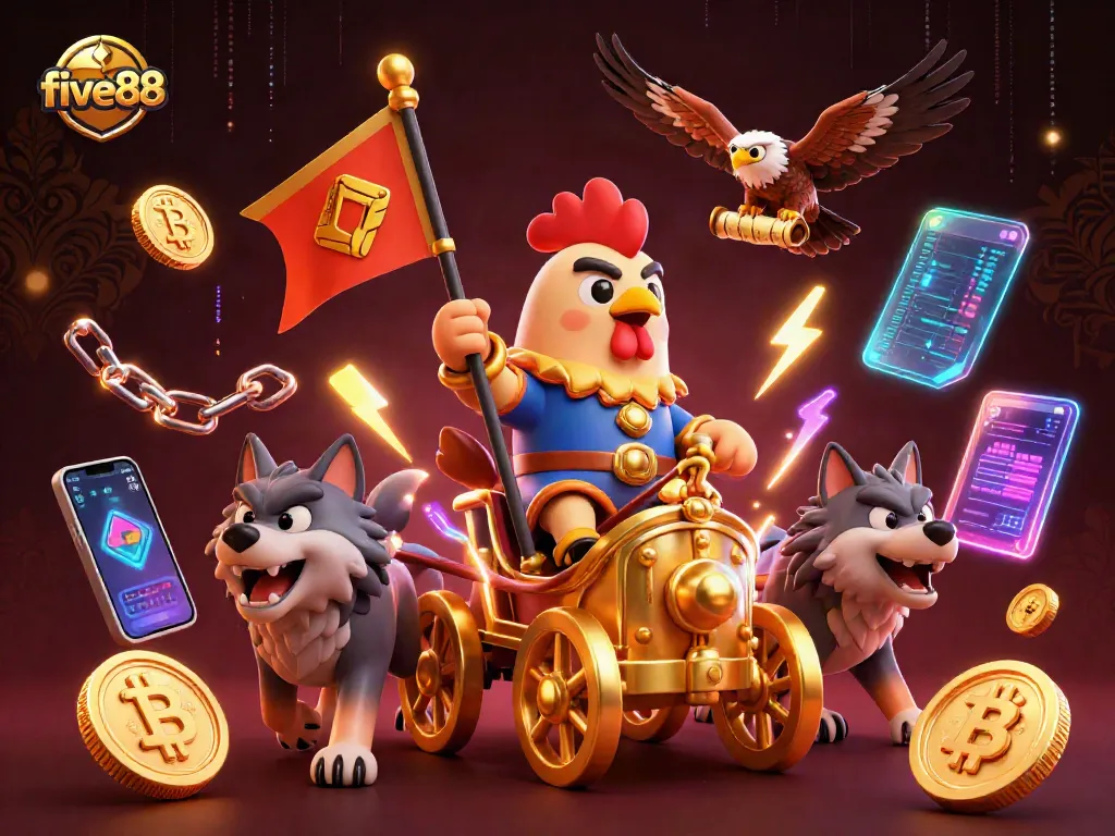 Experience excitement at five88 with a dynamic casino scene featuring vibrant 3D characters and crypto elements.