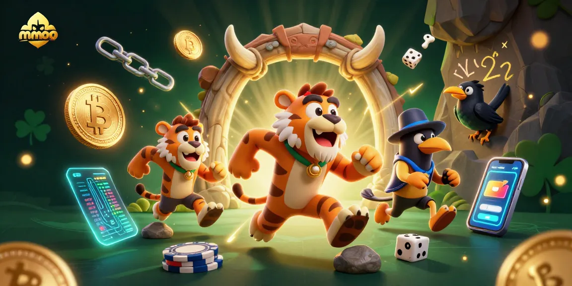 Win exciting prizes with mmoo at a vibrant prehistoric casino featuring animated characters.