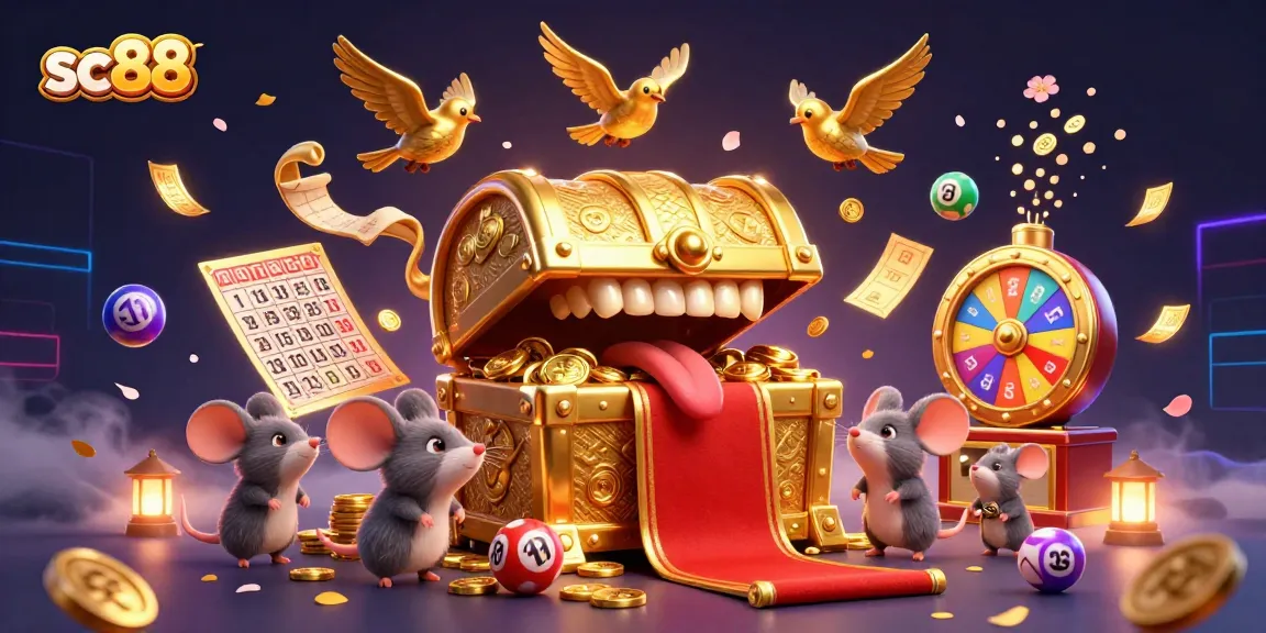 Engage with sc88's vibrant lottery game scene filled with colorful lottery balls and a golden treasure chest.
