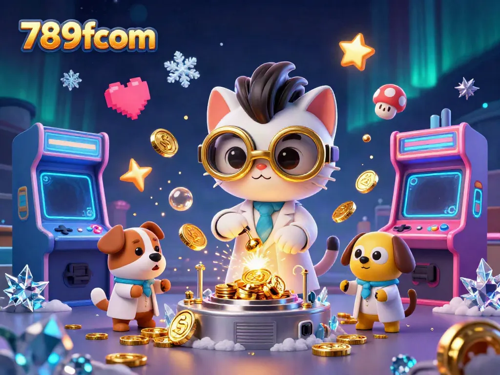 Engage with exciting gameplay at 789fcom featuring a whimsical scene of a mad scientist cat and assistant crafting coins.