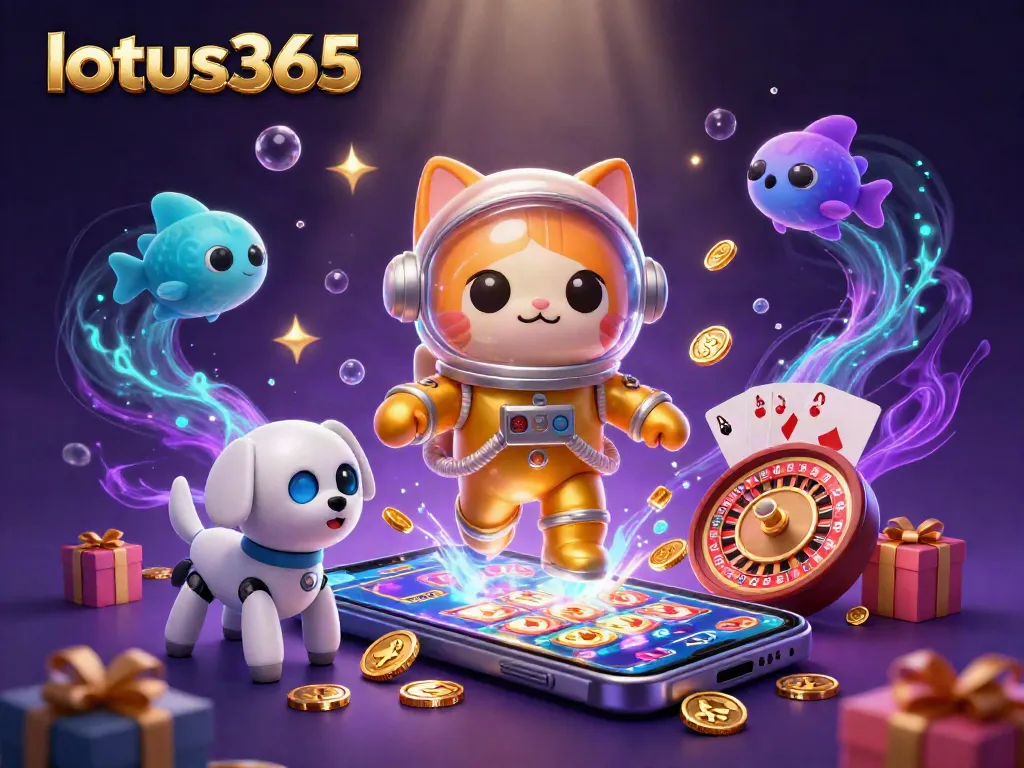 Experience thrilling betting adventures on lotus365 with a 3D astronaut cat and casino game elements.