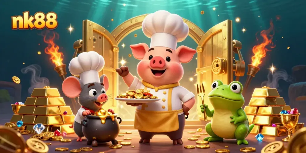Experience thrilling gameplay at nk88 with a vibrant scene of a chef pig serving treasures in this casino masterpiece.