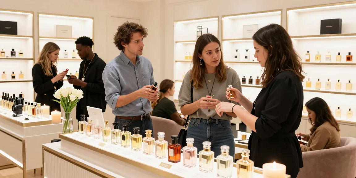 Scene from a fragrance boutique showcasing customers exploring the best everyday perfume options with vibrant displays and engaging atmosphere.