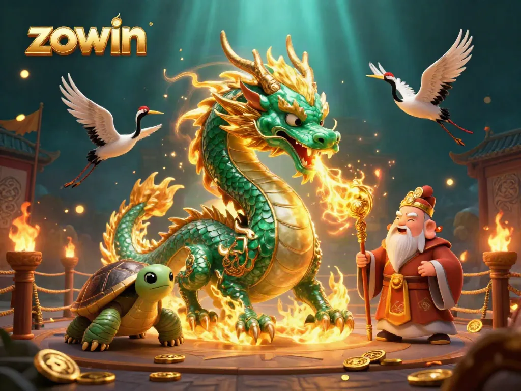 Zowin presents an exciting scene with an emerald jade dragon and a wise turtle sage in a vibrant casino setting.