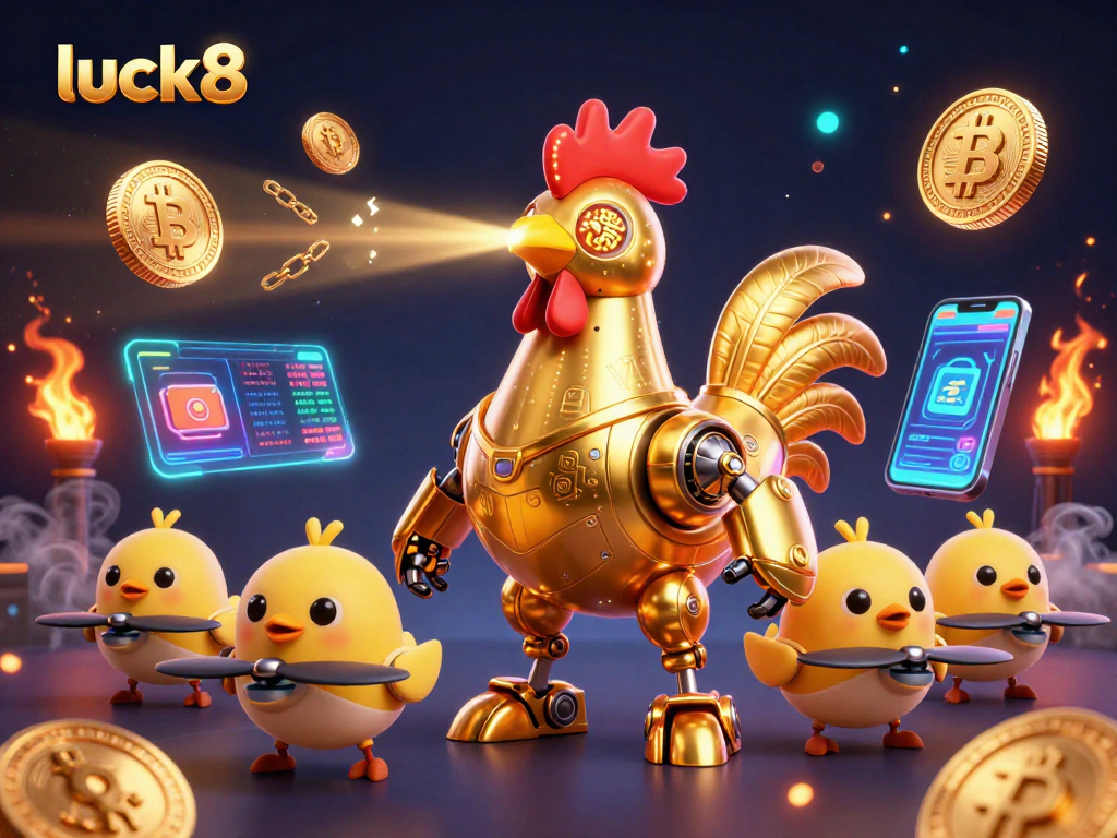 Experience the excitement of luck8 with a golden rooster robot and crypto elements illuminating the scene.