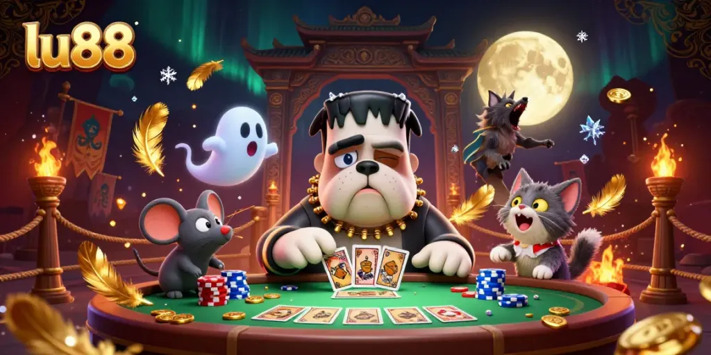 Experience thrilling gameplay at lu88 with a Frankenstein bulldog dealer and a werewolf kitten, set in an exciting casino scene.
