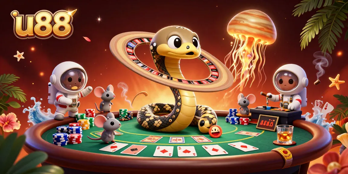 Experience thrilling bets at u88 with a cosmic casino scene featuring poker chips and vibrant characters.