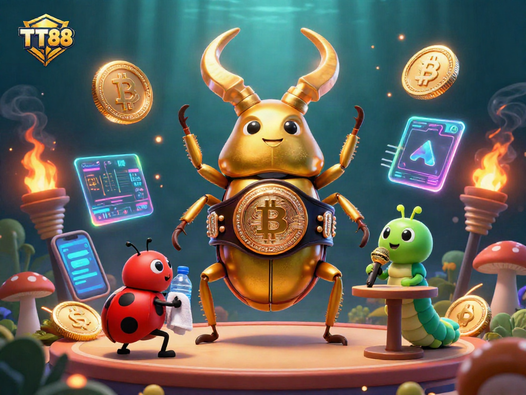 Engage in TT88 gaming with vibrant 3D elements representing cryptocurrencies and fun characters.