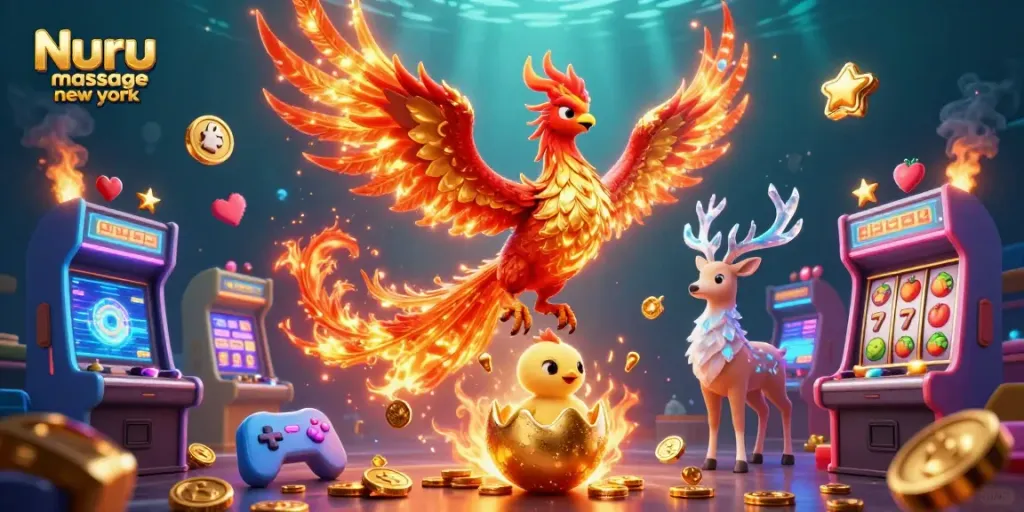 Nuru massage new york showcases a vibrant casino-themed illustration featuring a fire phoenix and game elements.