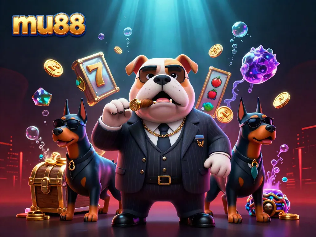 mu88 casino scene depicts a mafia bulldog with gold coins, slot reels, and vibrant underwater elements.