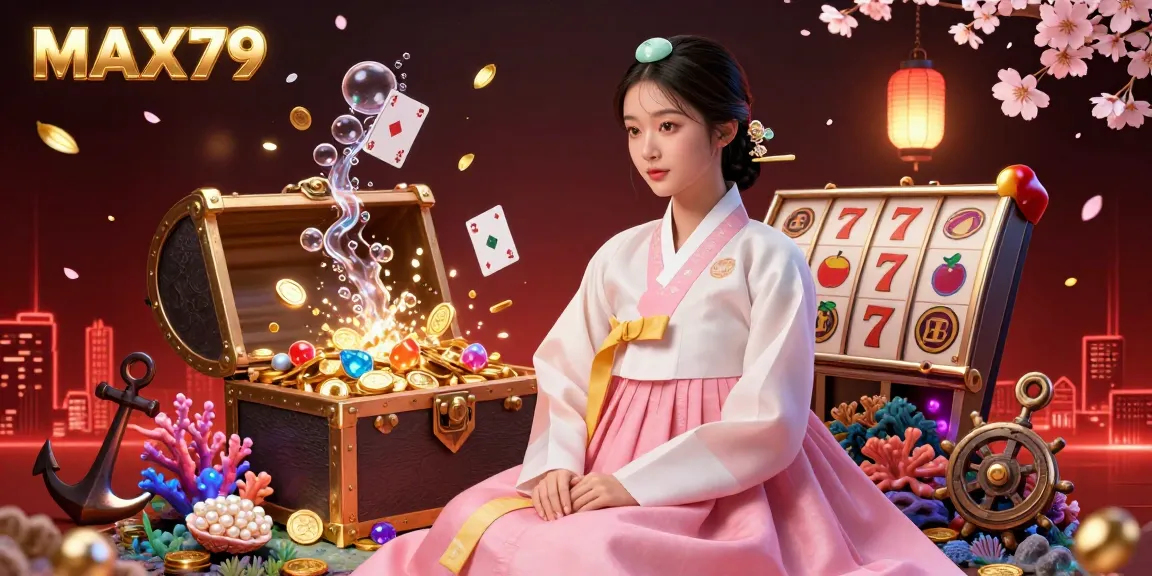 Experience the excitement of MAX79 with golden treasures and casino elements in this vibrant illustration.