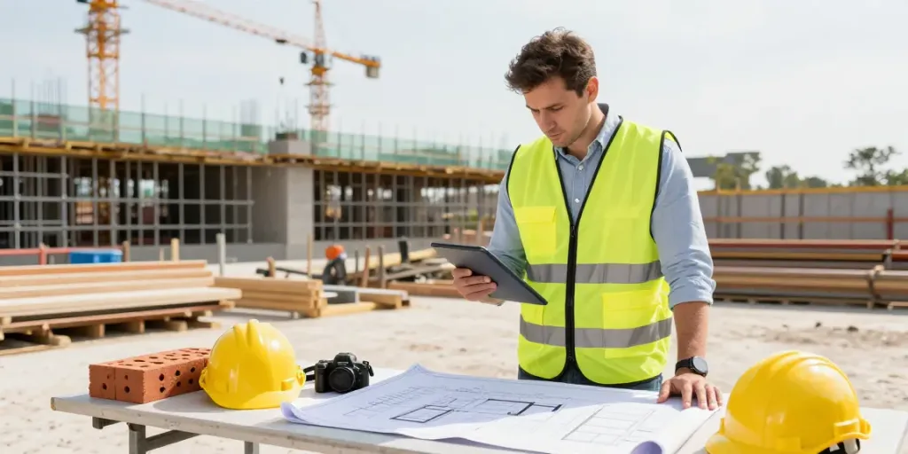Quantity surveyor reviewing construction plans at site, ensuring precise cost management.