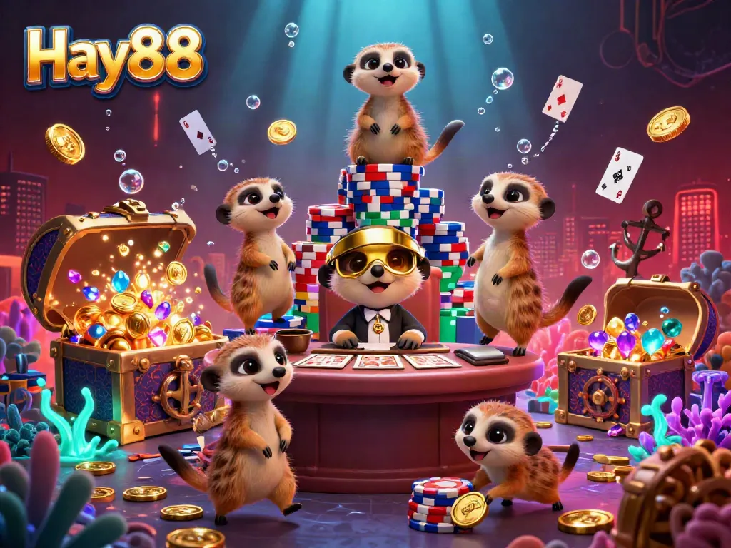 A lively 3D cartoon meerkat casino scene featuring Hay88 with characters engaging in gambling, surrounded by treasures and decorations.