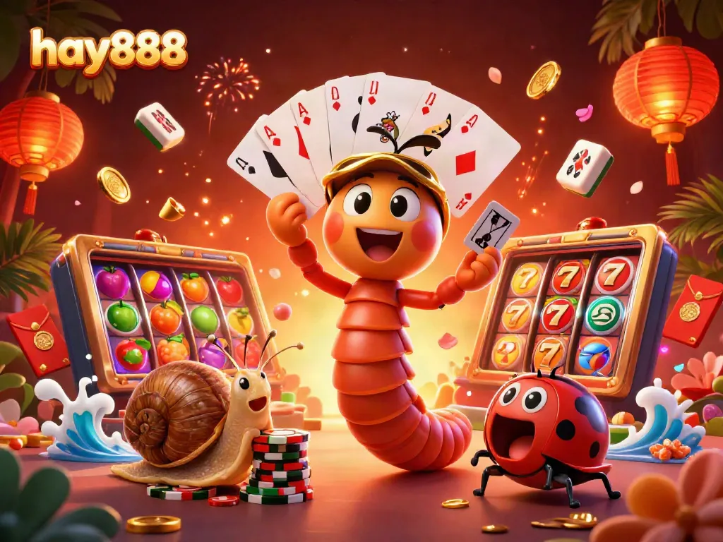 Experience the action-packed world of hay888 with a vibrant illustration of a casino scene featuring unique characters.