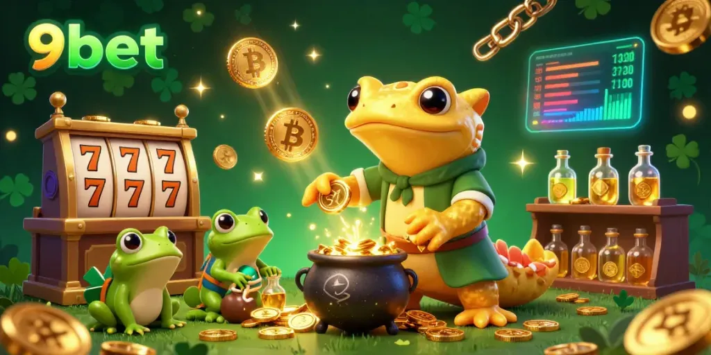 Experience thrilling gameplay with 9bet as our golden alchemist transforms metals into coins in a vibrant gambling scene.