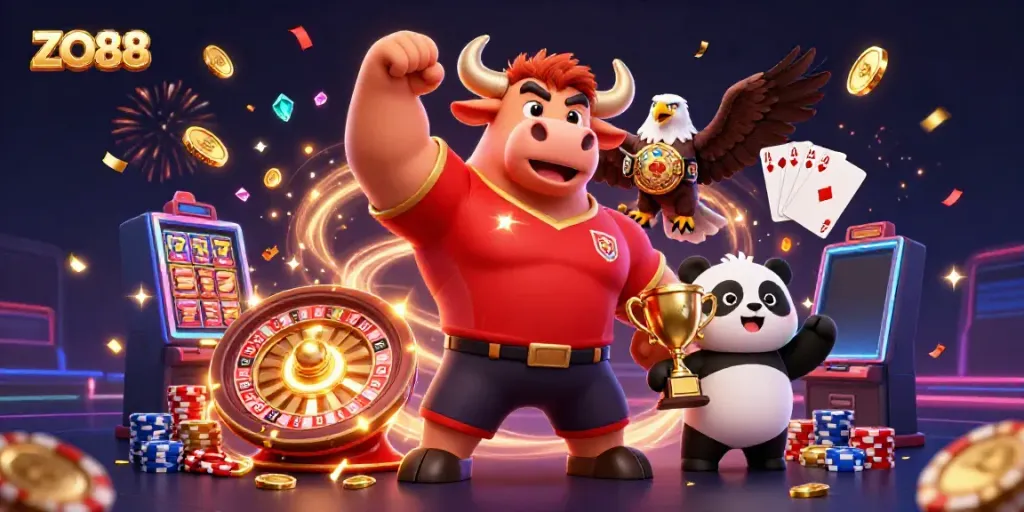 Experience the excitement of ZO88 with a vibrant casino scene featuring dynamic characters and game elements.