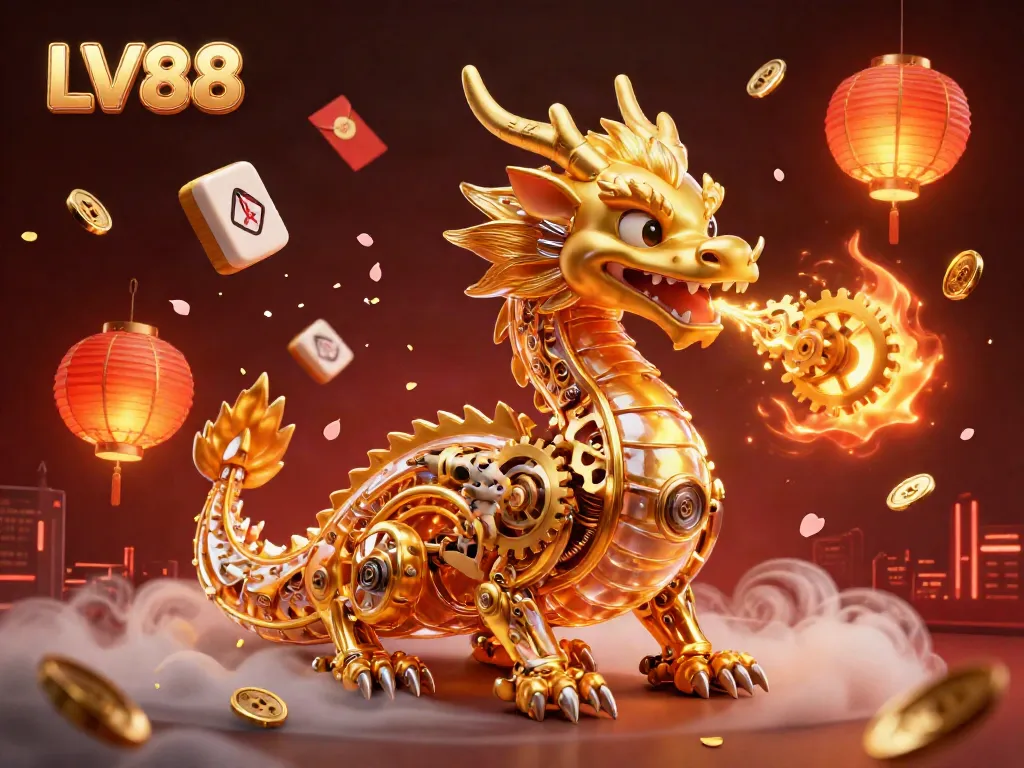 Experience the excitement of LV88 with a golden dragon spitting treasures and gaming symbols.