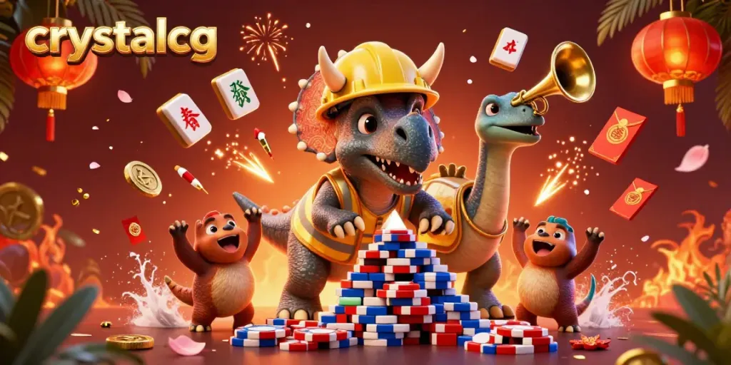 Dynamic celebration scene with crystalcg characters creating poker chip pyramids while festive gambling elements surround them.