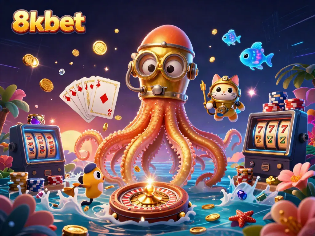 Experience the thrills of 8xbet with giant kraken, diving cat, and vibrant casino elements.