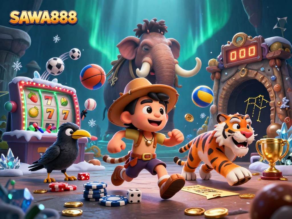 Experience winning at SAWA888 with colorful slot reels and dynamic casino elements in this vibrant scene.