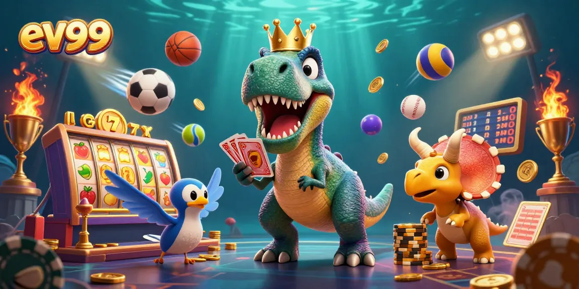 ev99's vibrant 3D cartoon casino scene of a T-Rex card shuffler and chip-stacking triceratops.