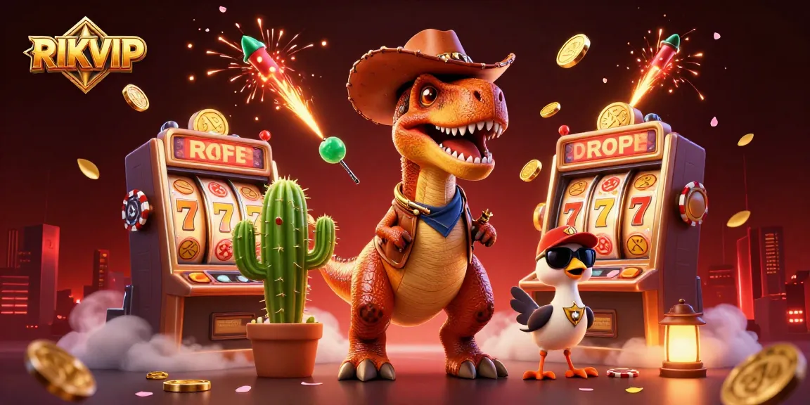 Experience RIKVIP’s vibrant casino energy with animated characters and slot machine visuals.